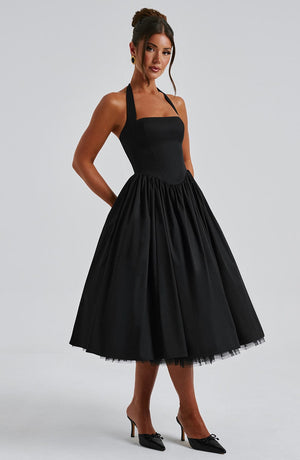 Vestido midi elegante de corte evasé en línea A para mujer