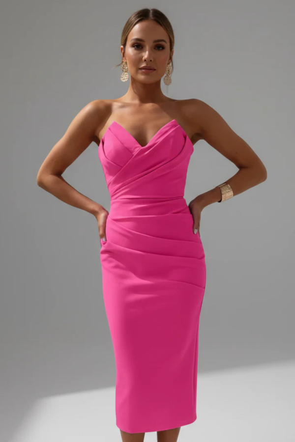 Women's Strapless Sweetheart Ruched Midi Dress