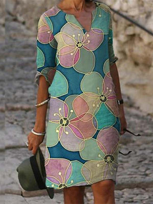 Women’s 3/4 Sleeve Floral Print V-Neck Midi Dress