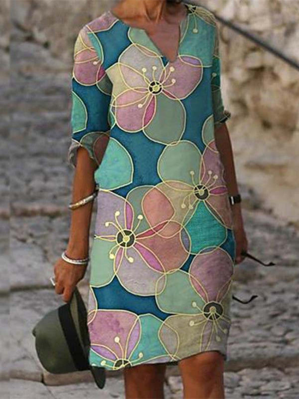 Women’s 3/4 Sleeve Floral Print V-Neck Midi Dress