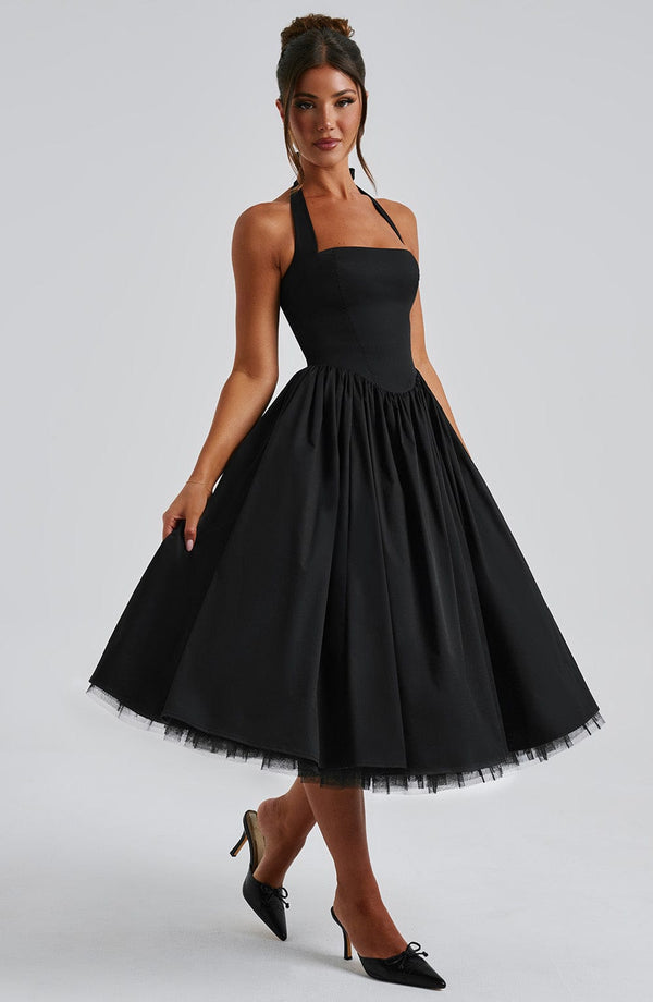 Vestido midi elegante de corte evasé en línea A para mujer