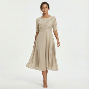 Women's Lace Midi Dress with Half-Sleeves