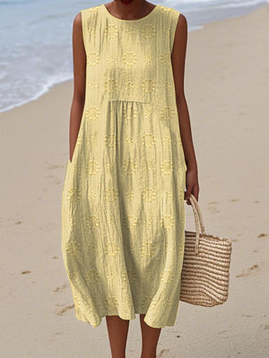Women's Sleeveless Embroidered Midi Dress with Pockets