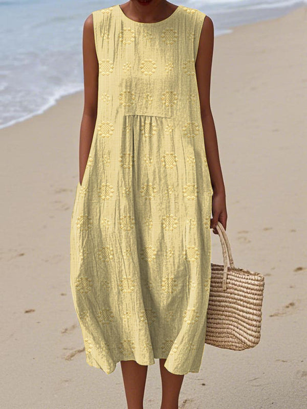 Women's Sleeveless Embroidered Midi Dress with Pockets
