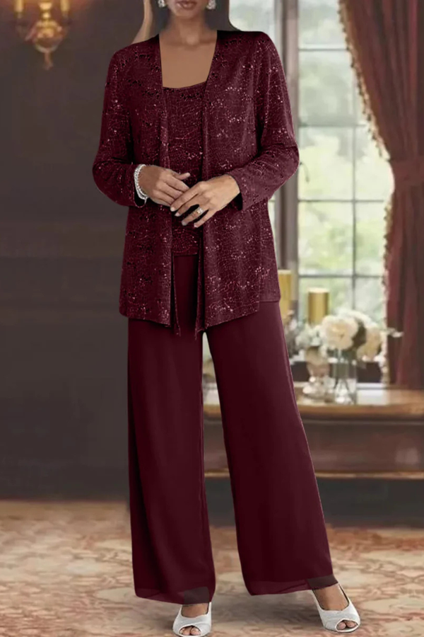 Sequin Lace Three Piece Suit Wide Leg Women