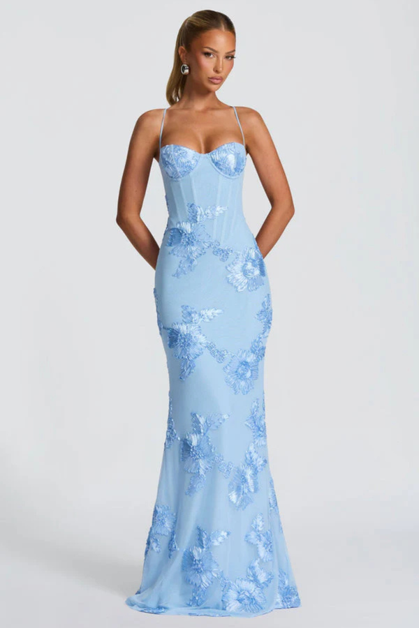 Women's Floral Embroidered Strapless Corset Maxi Dress