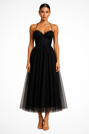 Women’s Corset Sweetheart Neck Tulle Midi Dress