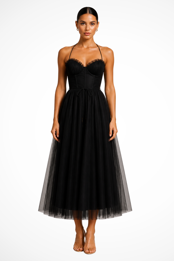 Women’s Corset Sweetheart Neck Tulle Midi Dress