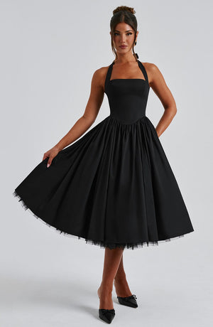 Vestido midi elegante de corte evasé en línea A para mujer