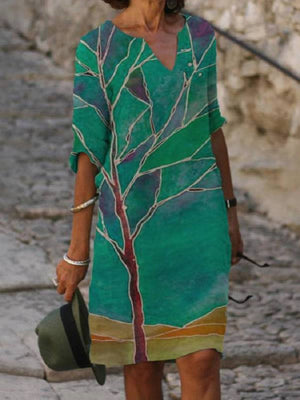 Women’s 3/4 Sleeve Floral Print V-Neck Midi Dress