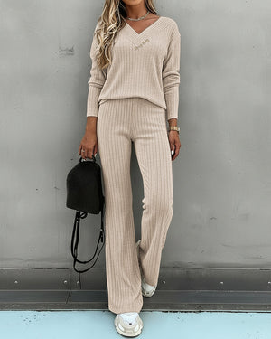 Women’s Ribbed Knit Lounge Set V-Neck Top & Pants