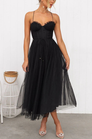 Women’s Corset Sweetheart Neck Tulle Midi Dress