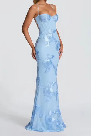 Women’s Floral Mermaid Strapless Lace-Up Back Formal Maxi Dress