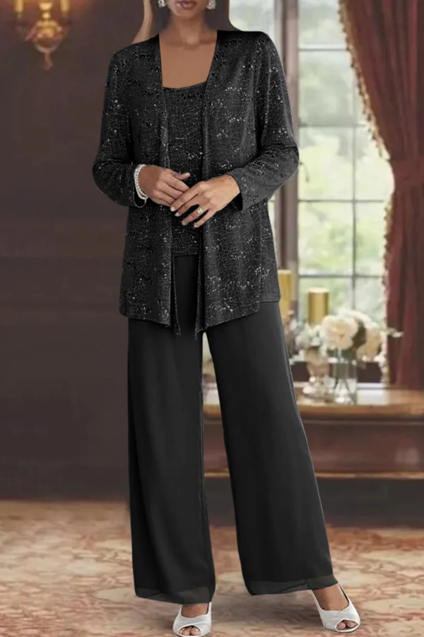 Sequin Lace Three Piece Suit Wide Leg Women