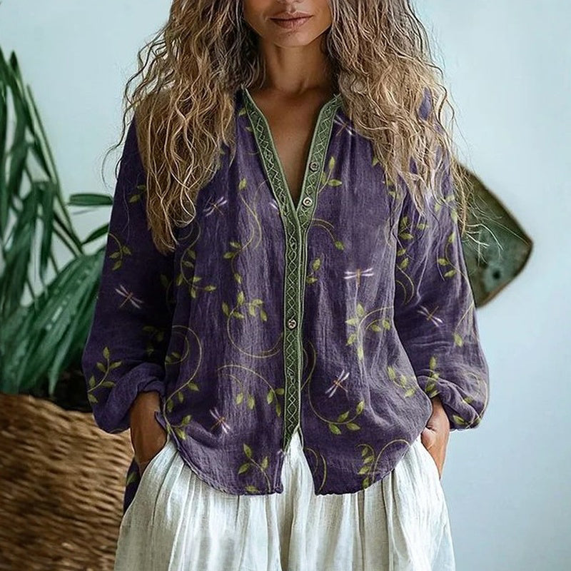 Blusa vintage floral bohemia para mujer con botones