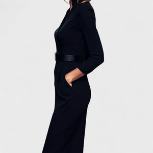 Vestido midi ajustado de mujer con cinturón, manga larga y escote en V