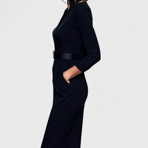 Vestido midi ajustado de mujer con cinturón, manga larga y escote en V
