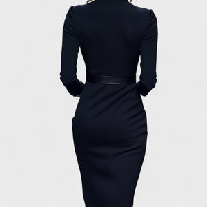 Vestido midi ajustado de mujer con cinturón, manga larga y escote en V