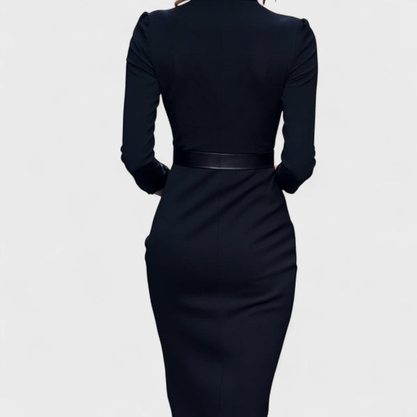 Vestido midi ajustado de mujer con cinturón, manga larga y escote en V