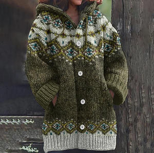 Women's Nordic Fair Isle Hooded Knit Cardigan