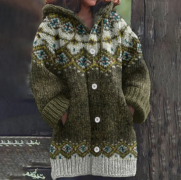 Women's Nordic Fair Isle Hooded Knit Cardigan
