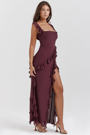 Elegant Women's Melantha Dress – Adjustable Straps – Ruffle Detail – High Slit