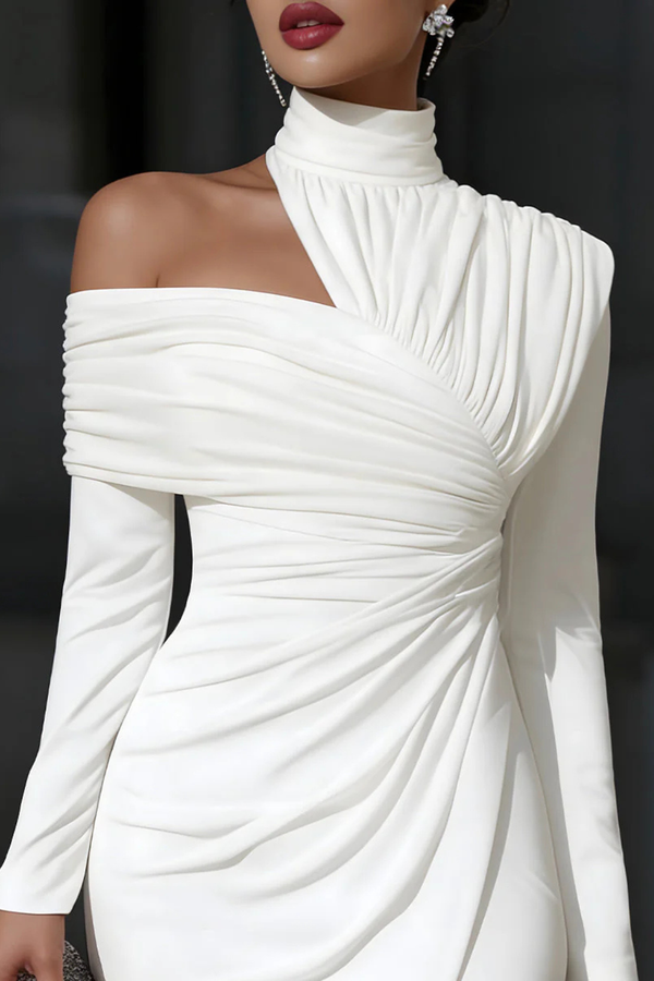 Women’s One-Shoulder Ruched Midi Dress with Elegant Side Slit