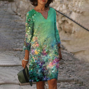 Women’s 3/4 Sleeve Floral Print V-Neck Midi Dress