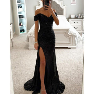 Women’s Off Shoulder Sequin Maxi Dress with High Slit and Fitted Silhouette