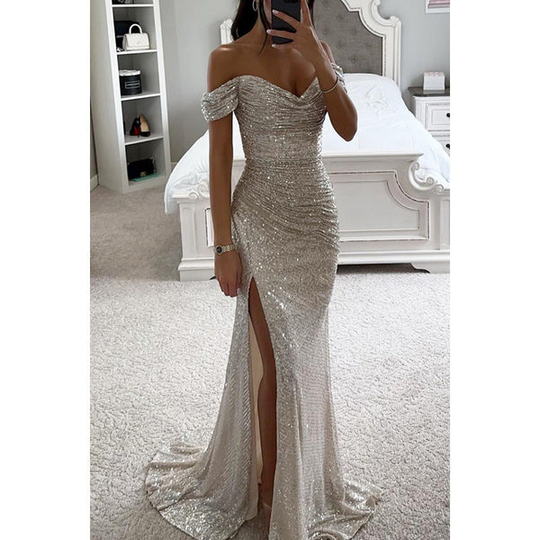 Women’s Off Shoulder Sequin Maxi Dress with High Slit and Fitted Silhouette
