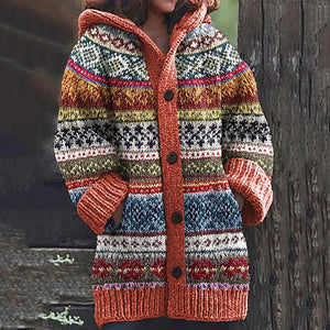 Women's Nordic Fair Isle Hooded Knit Cardigan