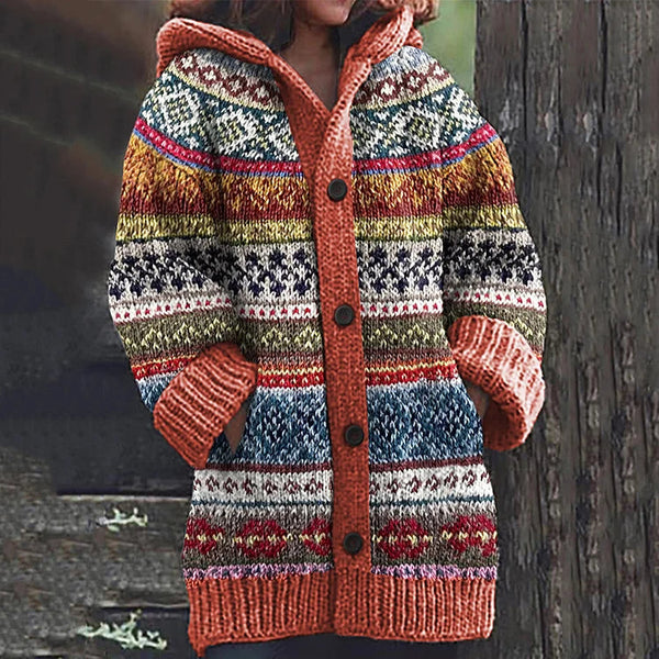 Women's Nordic Fair Isle Hooded Knit Cardigan
