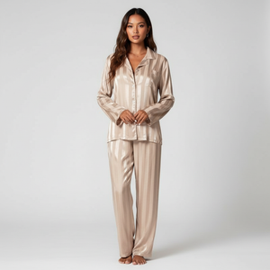 Elegant Satin Lounge Set Women Button-Up Top Relaxed Trousers
