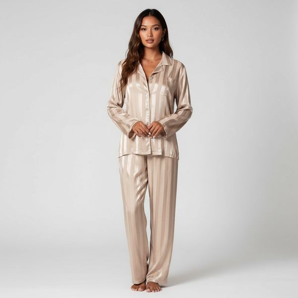 Elegant Satin Lounge Set Women Button-Up Top Relaxed Trousers