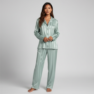 Elegant Satin Lounge Set Women Button-Up Top Relaxed Trousers