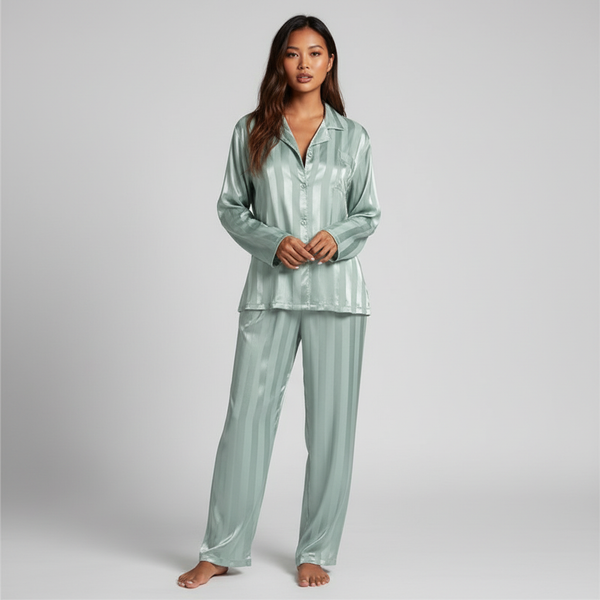 Elegant Satin Lounge Set Women Button-Up Top Relaxed Trousers