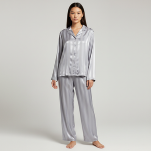 Elegant Satin Lounge Set Women Button-Up Top Relaxed Trousers