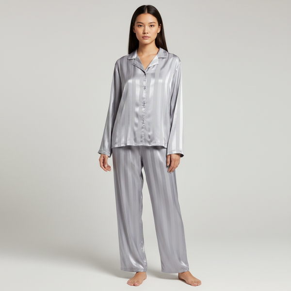 Elegant Satin Lounge Set Women Button-Up Top Relaxed Trousers