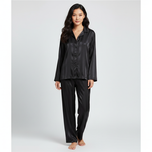Elegant Satin Lounge Set Women Button-Up Top Relaxed Trousers