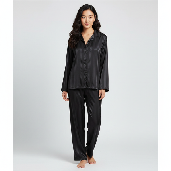 Elegant Satin Lounge Set Women Button-Up Top Relaxed Trousers