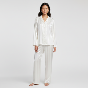 Elegant Satin Lounge Set Women Button-Up Top Relaxed Trousers