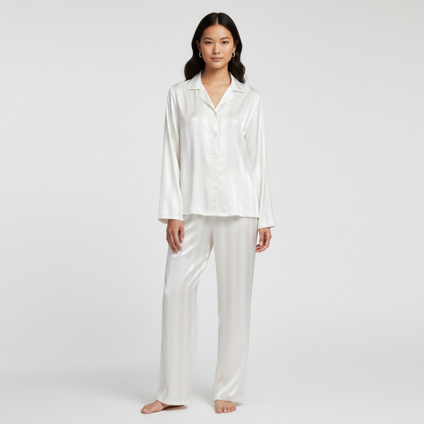 Elegant Satin Lounge Set Women Button-Up Top Relaxed Trousers