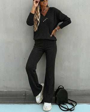 Women’s Ribbed Knit Lounge Set V-Neck Top & Pants