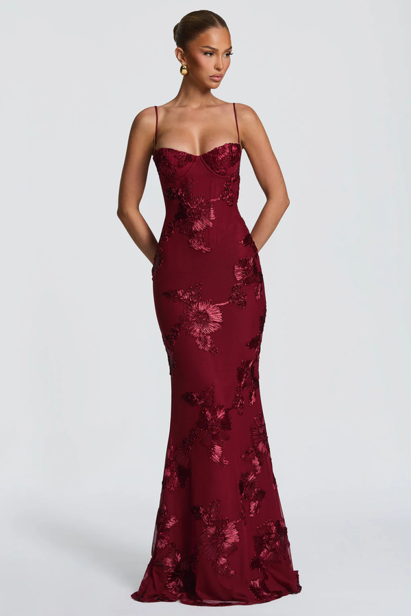Women's Floral Embroidered Strapless Corset Maxi Dress