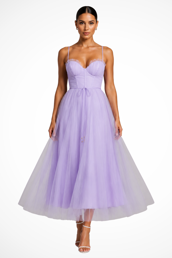 Women’s Corset Sweetheart Neck Tulle Midi Dress
