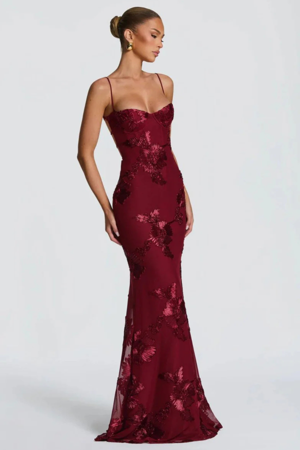 Women’s Floral Mermaid Strapless Lace-Up Back Formal Maxi Dress