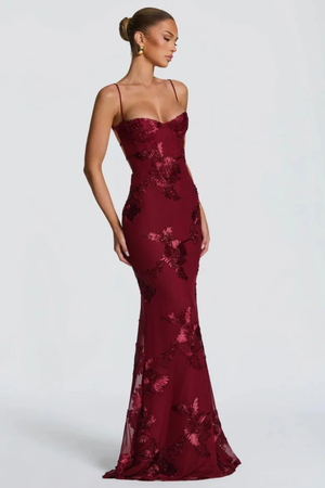 Women's Floral Embroidered Strapless Corset Maxi Dress