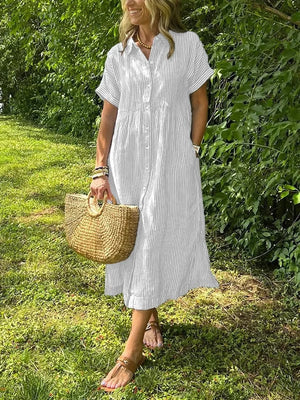 Women's Striped Button-Front Midi Dress with Relaxed Fit