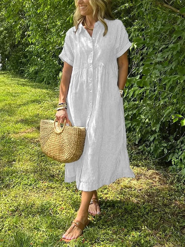 Women's Striped Button-Front Midi Dress with Relaxed Fit