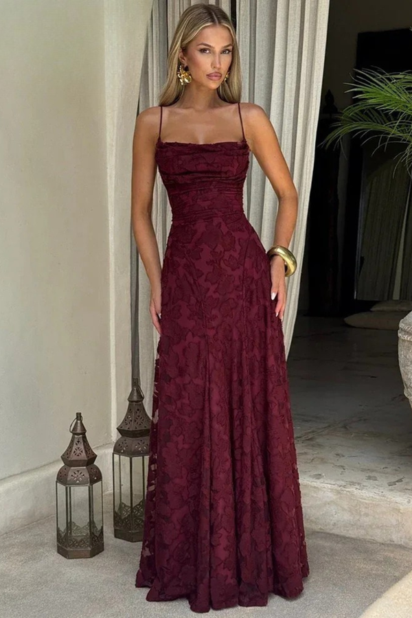 Women's Floral Jacquard Maxi Dress Lace-Up Back
